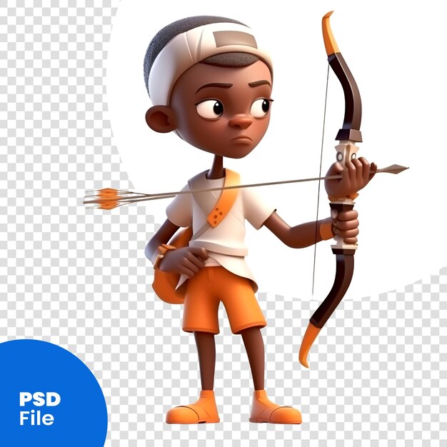 PSD render 3d di un ragazzo afroamericano con modello psd di arco e freccia