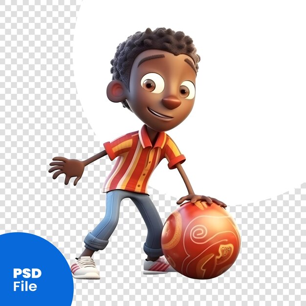 PSD rendering 3d di un ragazzo afroamericano con modello psd di palla da bowling