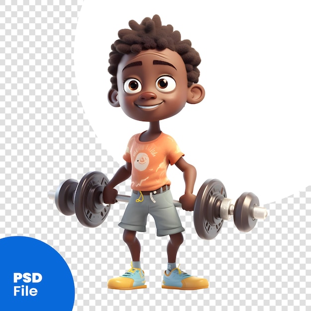 PSD rendering 3d di un ragazzo afroamericano con un modello psd di manubri