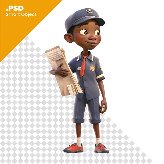 PSD 3d render of an african american boy with a police station uniform psd template