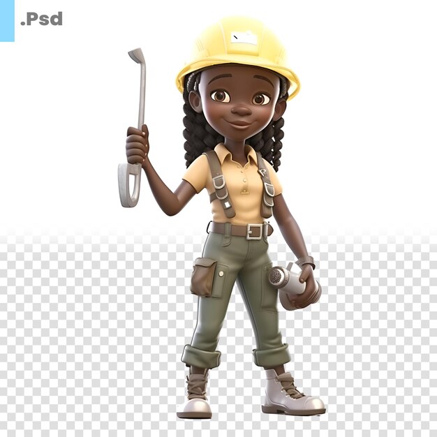 PSD 3d render of an african american female builder with a spanner psd template