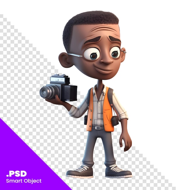 PSD rendering 3d di un tuttofare afroamericano con un modello psd di fotocamera