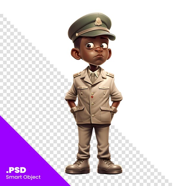 PSD render 3d di un ragazzino afroamericano in un modello psd dell'uniforme dell'esercito