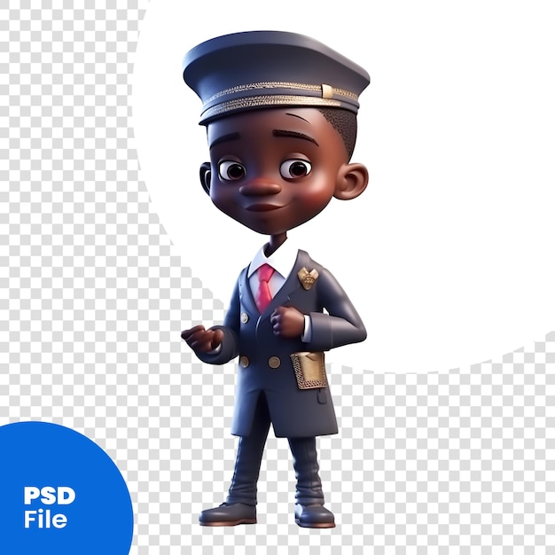 Render 3d di un ragazzino afroamericano con il modello psd del costume della stazione di polizia