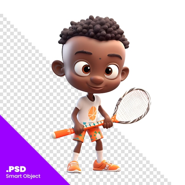 テニス ラケット PSD テンプレートを持つアフリカ系アメリカ人の小さな男の子の 3 D レンダリング