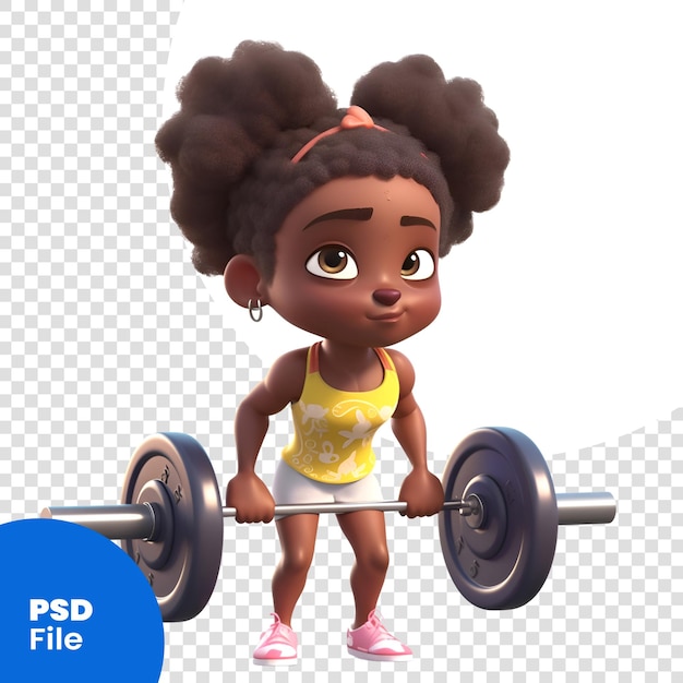 Rendering 3d di una bambina afroamericana con un modello psd con bilanciere