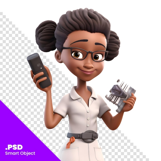 3D-рендер афроамериканской женщины с мобильным телефоном и инструментами PSD шаблон