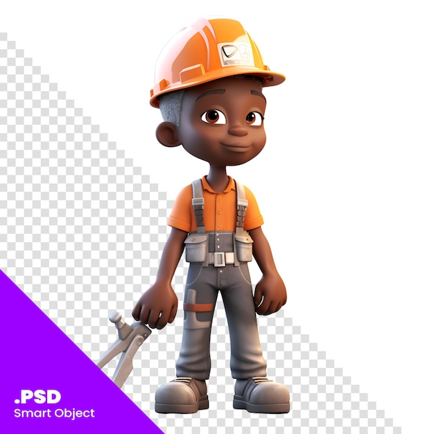 3D Render of an African American worker with a spanner and helmet PSD template