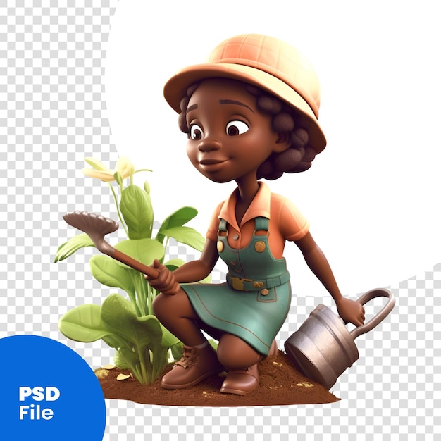 PSD 3d render of an african girl with a watering can and flower psd template