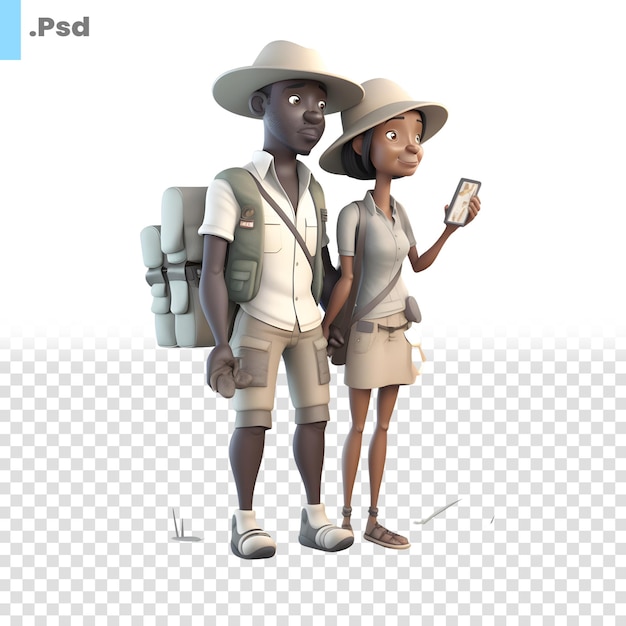 PSD 3d render of a african tourist couple with backpack psd template