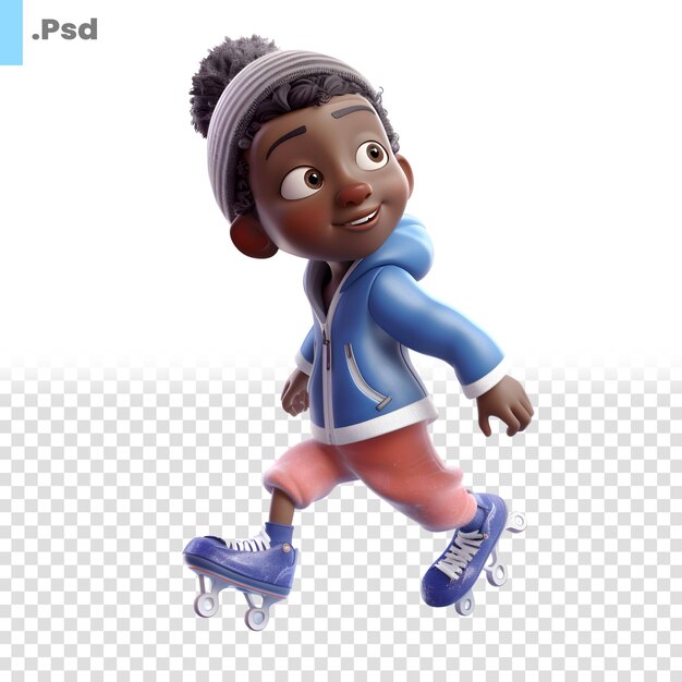 PSD render 3d di un ragazzo afroamericano su pattini a rotelle modello psd