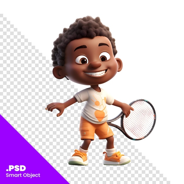 PSD render 3d di un ragazzo afroamericano con modello psd di racchetta da tennis