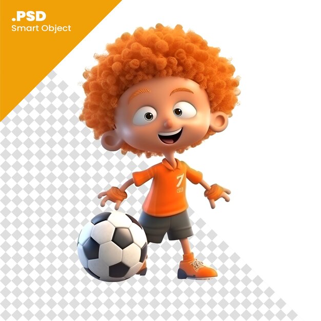 PSD 3d render of an afro american boy with soccer ball psd template