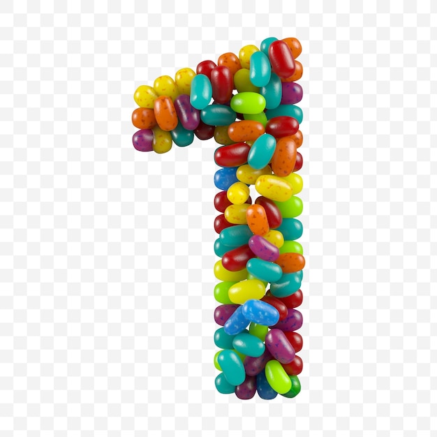 3d render alfabet nummer 1 gemaakt van jelly beans snoep geïsoleerd op een geïsoleerde background
