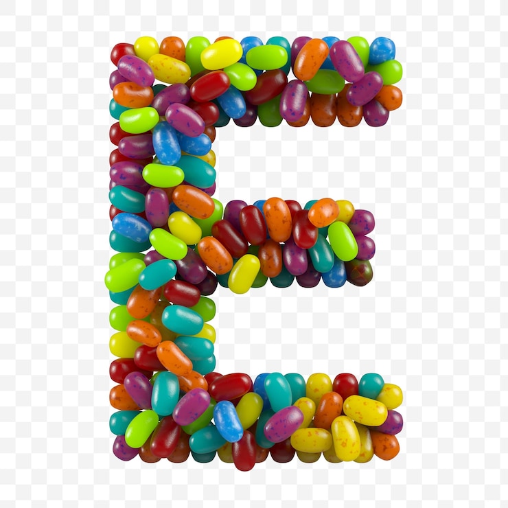 PSD 3d 渲染字母 e 用果糖果制作,在孤立的背景上隔离
