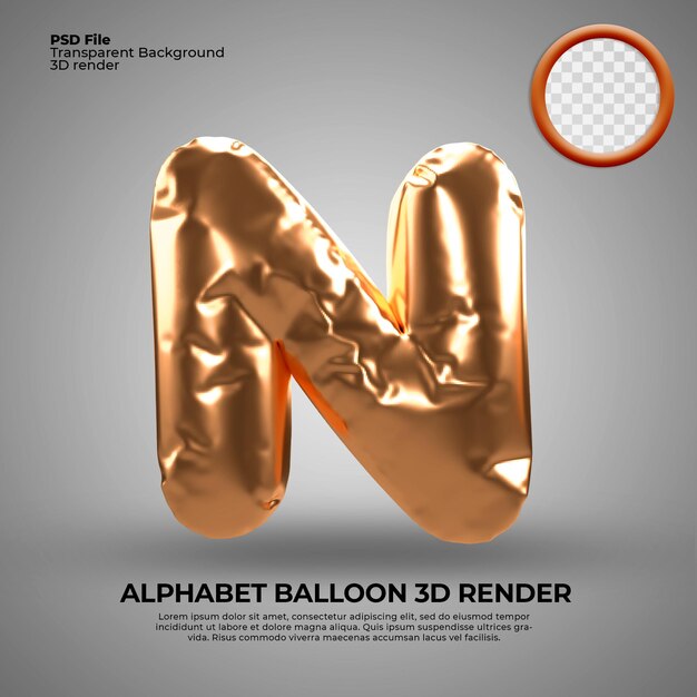 3D render alphabet N balloon gold anniversary birthday