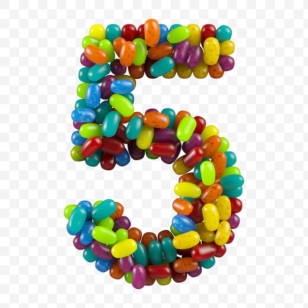 3d render alphabet number 5 made of jelly beans candy isolated on an isolated background