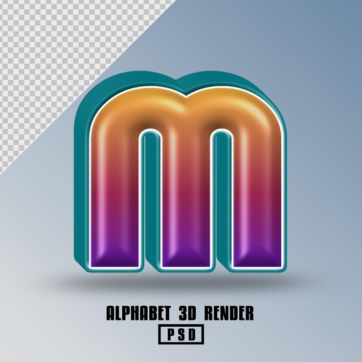 PSD 3d render alphabet purple gold gradient with line tosca color glossy