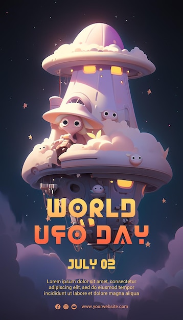 PSD modello di poster per la giornata mondiale degli ufo in stile anime con rendering 3d