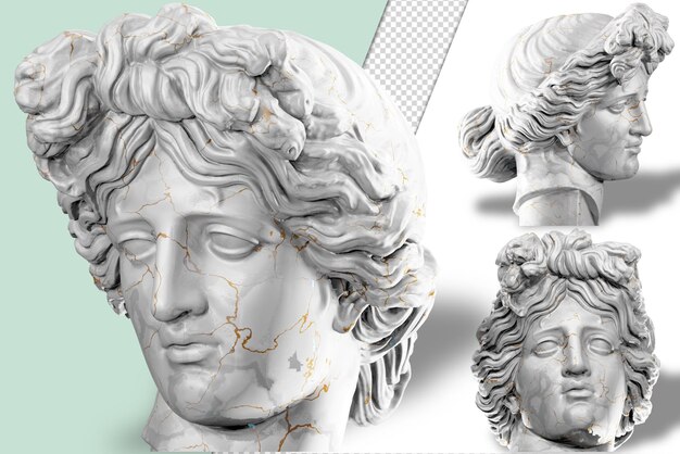 PSD 3d render of an apollo statue with stone texture and gold marble perfect for classical design