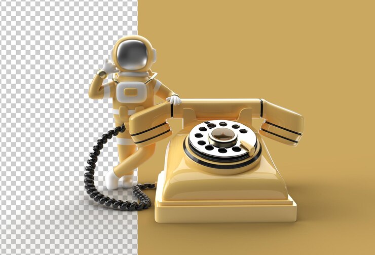 3d render astronaut calling gesture with old telephone