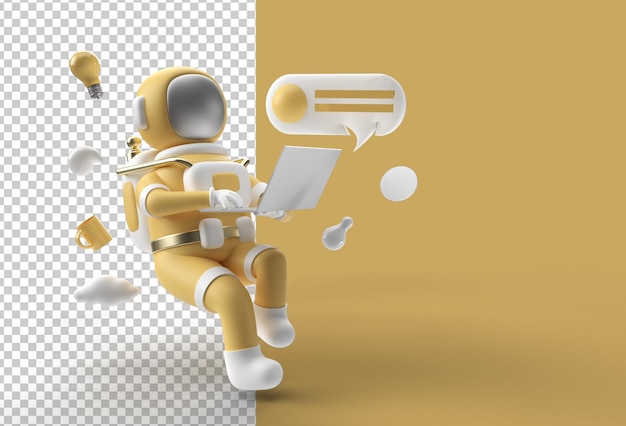 3D Render Astronaut in spacesuit working on laptop Transparent psd file