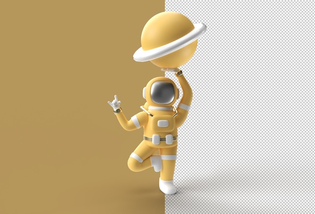 3d render astronaut rock gesture with holding planet jupiter transparent psd file.