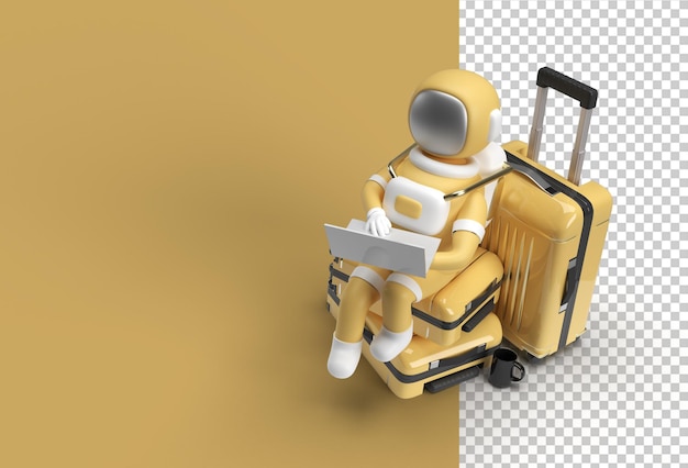 3d render astronaut werken op laptop zittend op reistas transparant psd-bestand