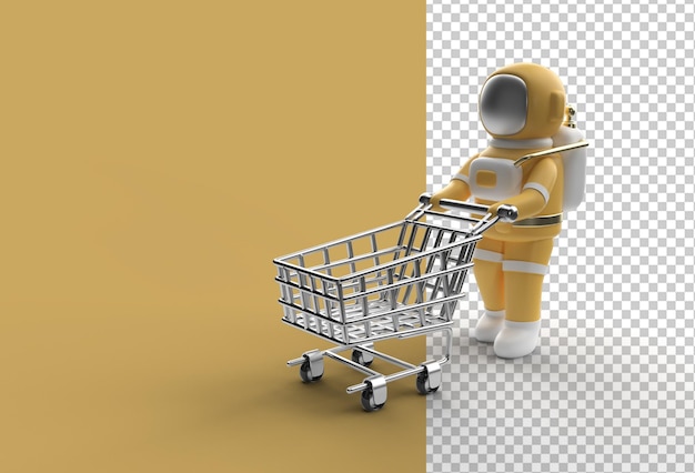 Rendering 3d astronauta con carrello della spesa file psd trasparente