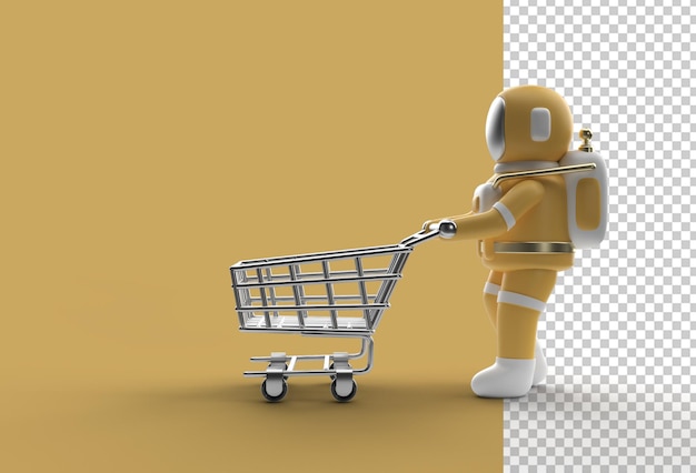 Rendering 3d astronauta con carrello della spesa file psd trasparente