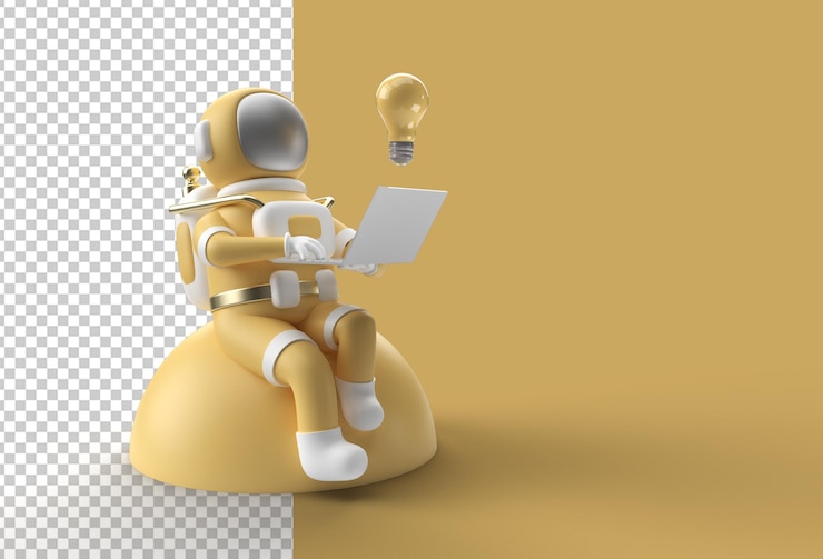  3d render astronaut working on laptop with bulb