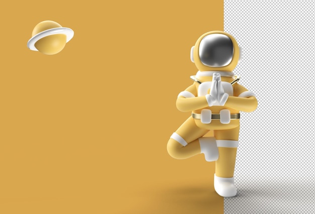 3d Render Astronauta Stojący Wdzięczny Namaste Yoga Pose Przezroczysty Plik Psd.