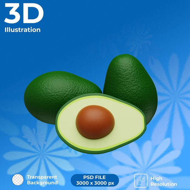 Rendering 3d vista frontale dell'avocado