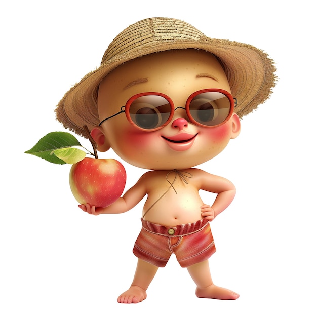 PSD 3d rendering di un bambino con una mela e un cappello di paglia isolati su uno sfondo trasparente