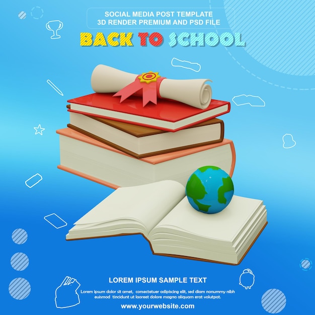 3d render back to school decoration, with books, certificate's roll and globe, psd premium