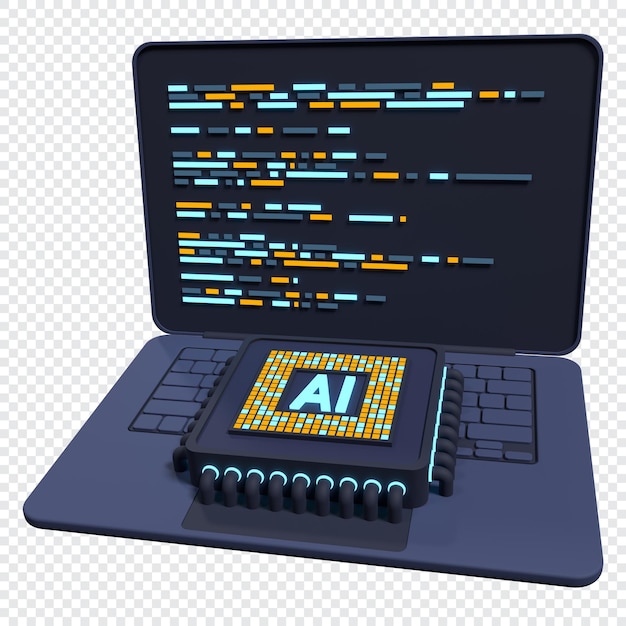 3D render bærbar computer med mikrochip AI chip hardware koncept Futuristisk mikrochip på bærbar computer Bærbar computer kunstig intelligens 3D rendering