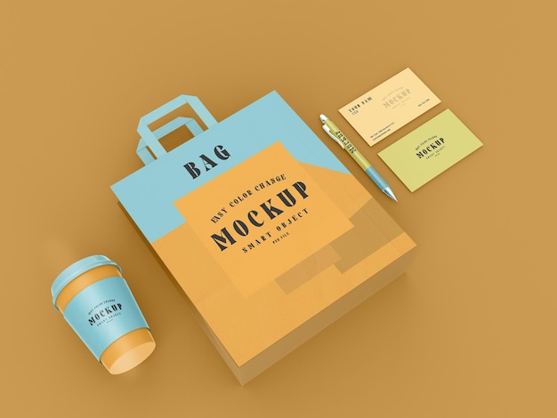 3d render bag and coffee cup business card with pen mockup