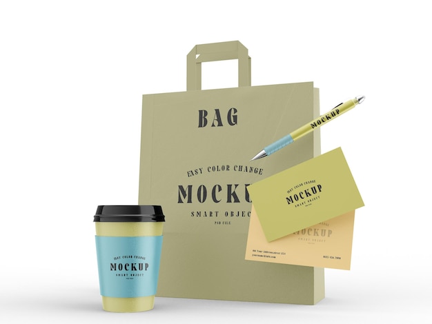 PSD 3d render bag and coffee cup business card with pen mockup