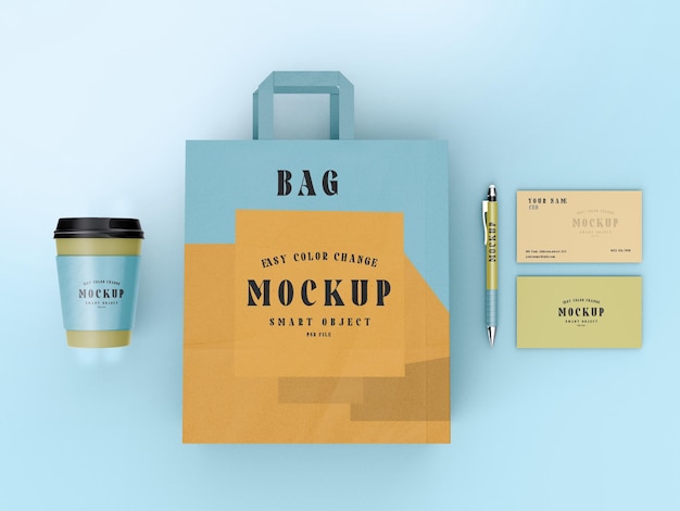 3d render bag and coffee cup business card with pen mockup