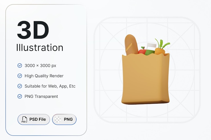 PSD 3d 渲染购物袋 购物杂货概念 现代图标插图设计