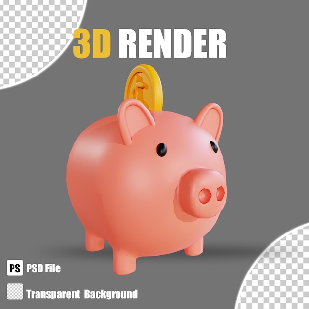 透明な背景を持つ3Dレンダリングバンキングとファイナンス貯金箱コイン3