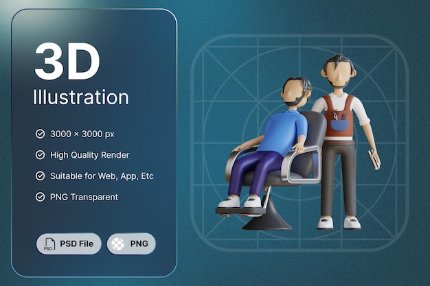 3d 렌더링 이발사와 고객 개념 현대 아이콘 일러스트 디자인