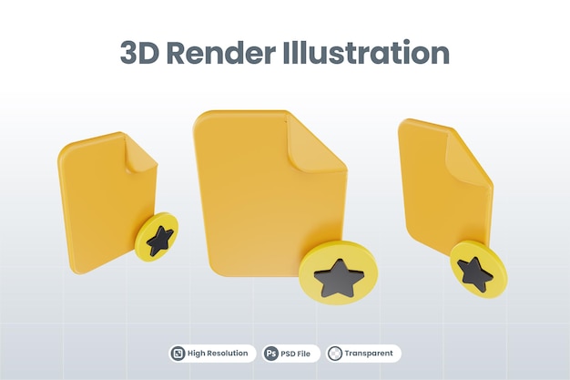 3D render bestand sterpictogram met oranje bestand papier en gele ster
