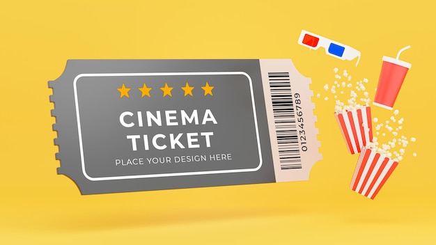 PSD 3d render biletu do kina, popcornu, kubka, okularów 3d