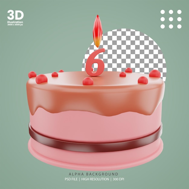 PSD 3d render birthday cake sixth illustration