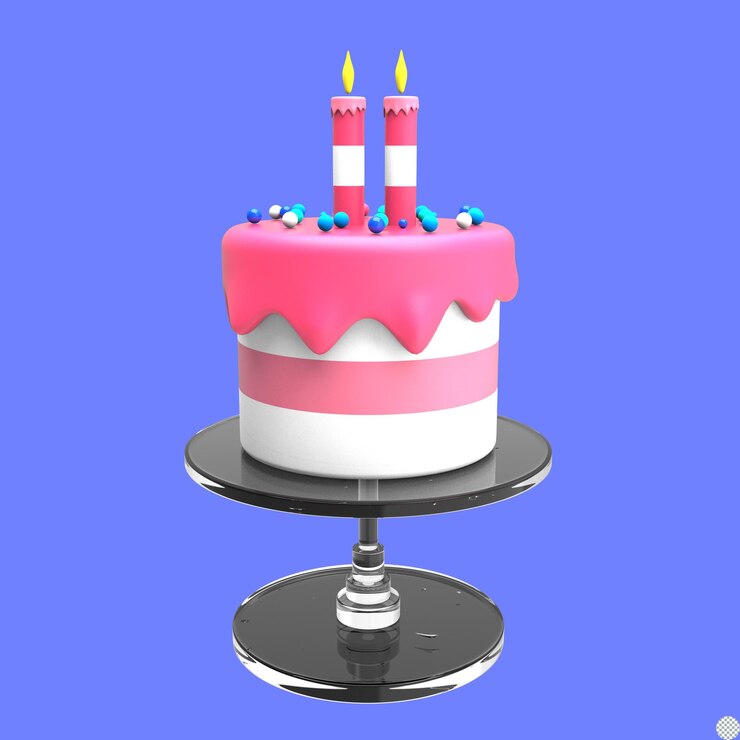 PSD 스탠드 파스텔 색상 복사 공간 격리된 그림이 있는 3d 렌더링 생일 케이크