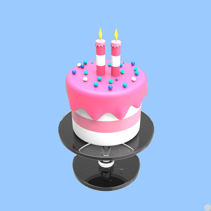 PSD 스탠드 파스텔 색상 복사 공간 격리된 그림이 있는 3d 렌더링 생일 케이크