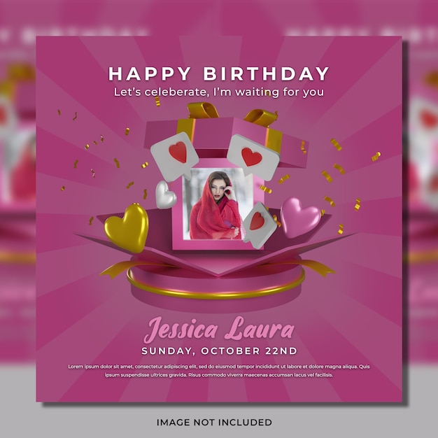 3d render of birthday party digital invitation with frame in opened gift box