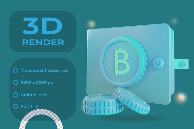 PSD 3d render bitcoin wallet illustration