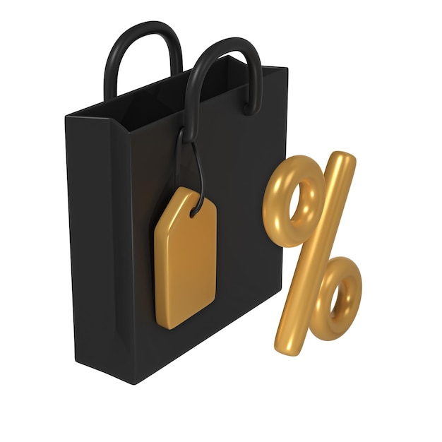 3D render Black Friday-illustratie met moderne donkere boodschappentas en gouden tag en procent mock-up ontwerp Korting speciale aanbiedingen promotie winkeladvertentie